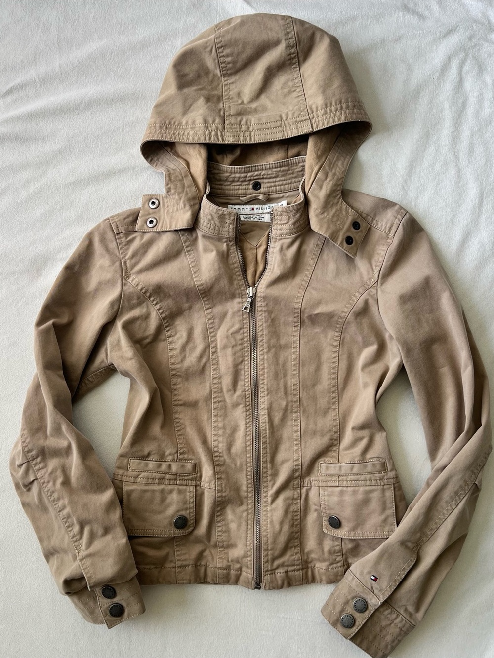 Tommy Hilfiger Khaki Hooded Jacket Y2k Quiet Luxury Band Size Sm Lined